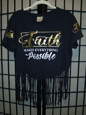 Ladies  BLack Fringe Tee with Gold 'Faith' Foil